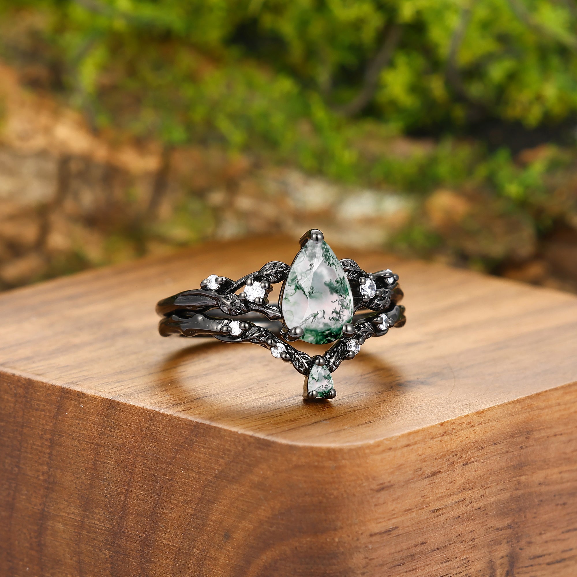 Dainty Moss Agate Branch Engagement Couple Rings Set Black Plated