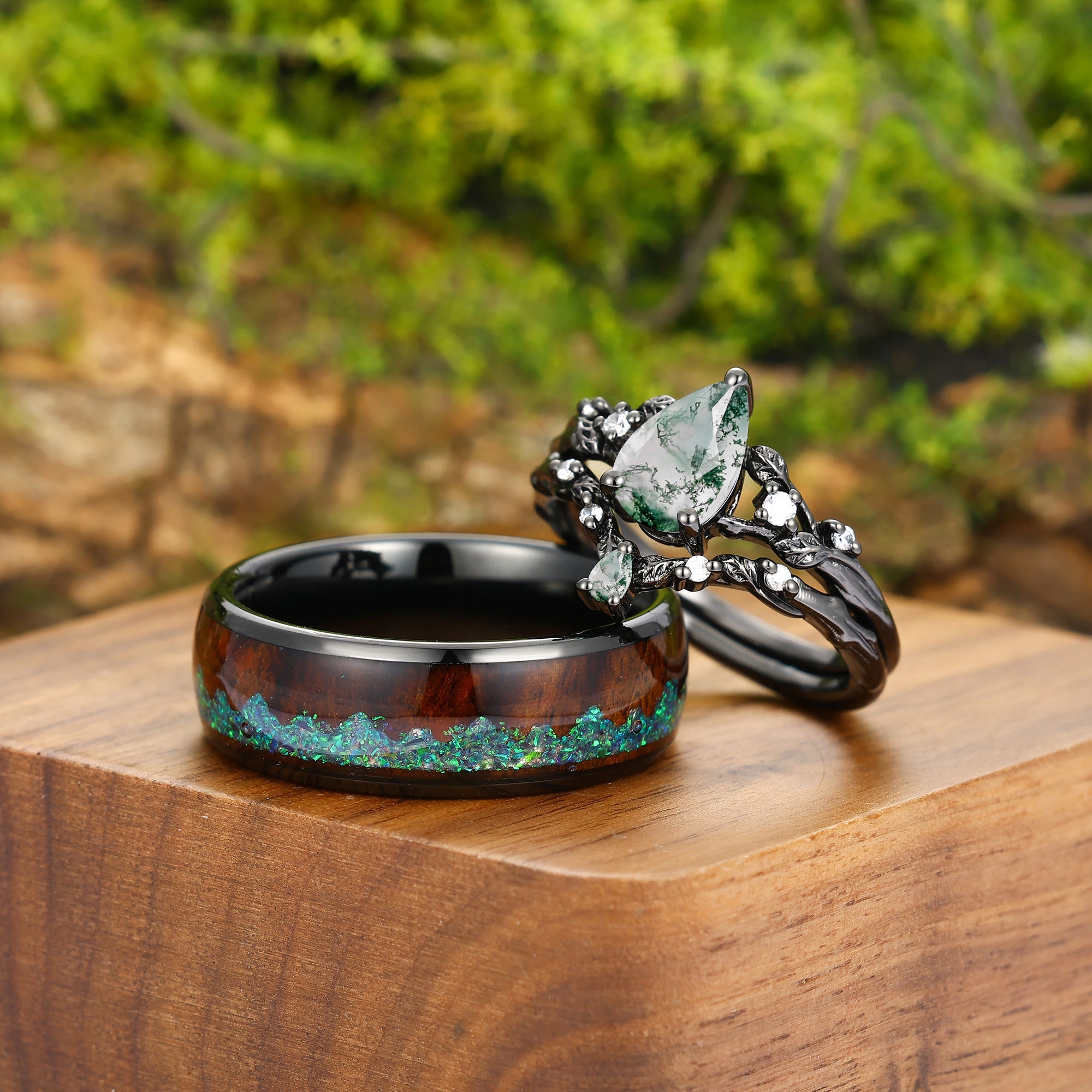 Dainty Moss Agate Branch Engagement Couple Rings Set Black Plated