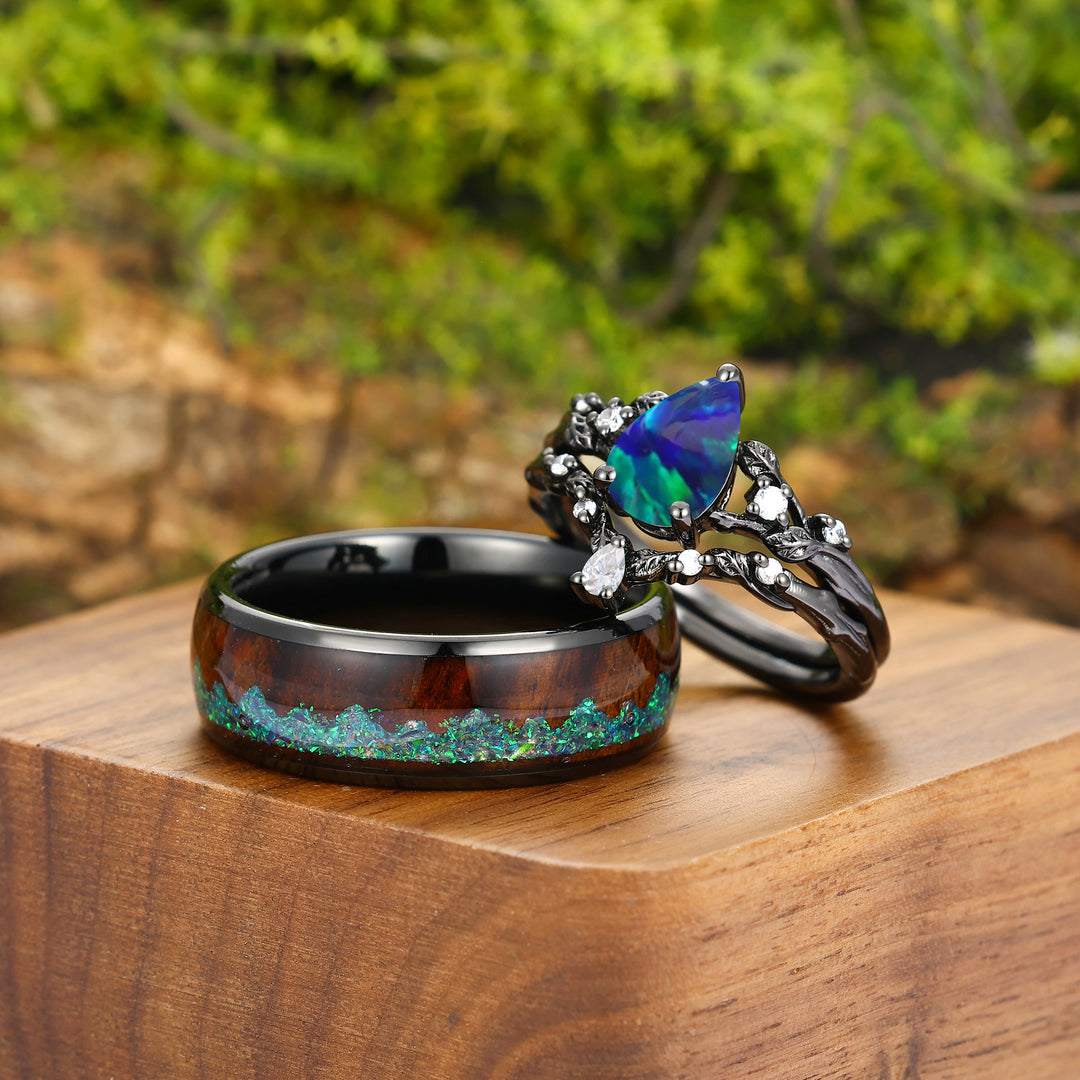 Personalized Peacock Green Opal Twig Engagement Couple Rings Set Matching His And Hers Tungsten Wedding Band -  Esdomera.com