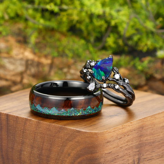 Personalized Peacock Green Opal Twig Engagement Couple Rings Set Matching His And Hers Tungsten Wedding Band -  Esdomera.com