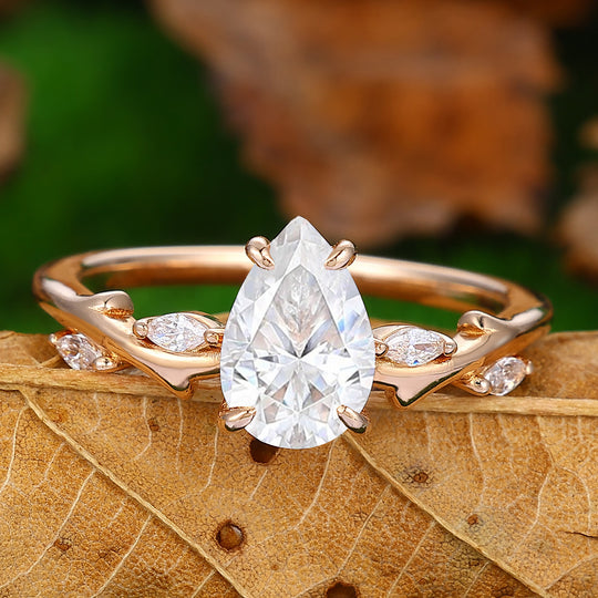 Twig Branch Pear Shaped 1.5Carat Leaf Vines Moissanite Unique Marquise Cluster Wedding Ring