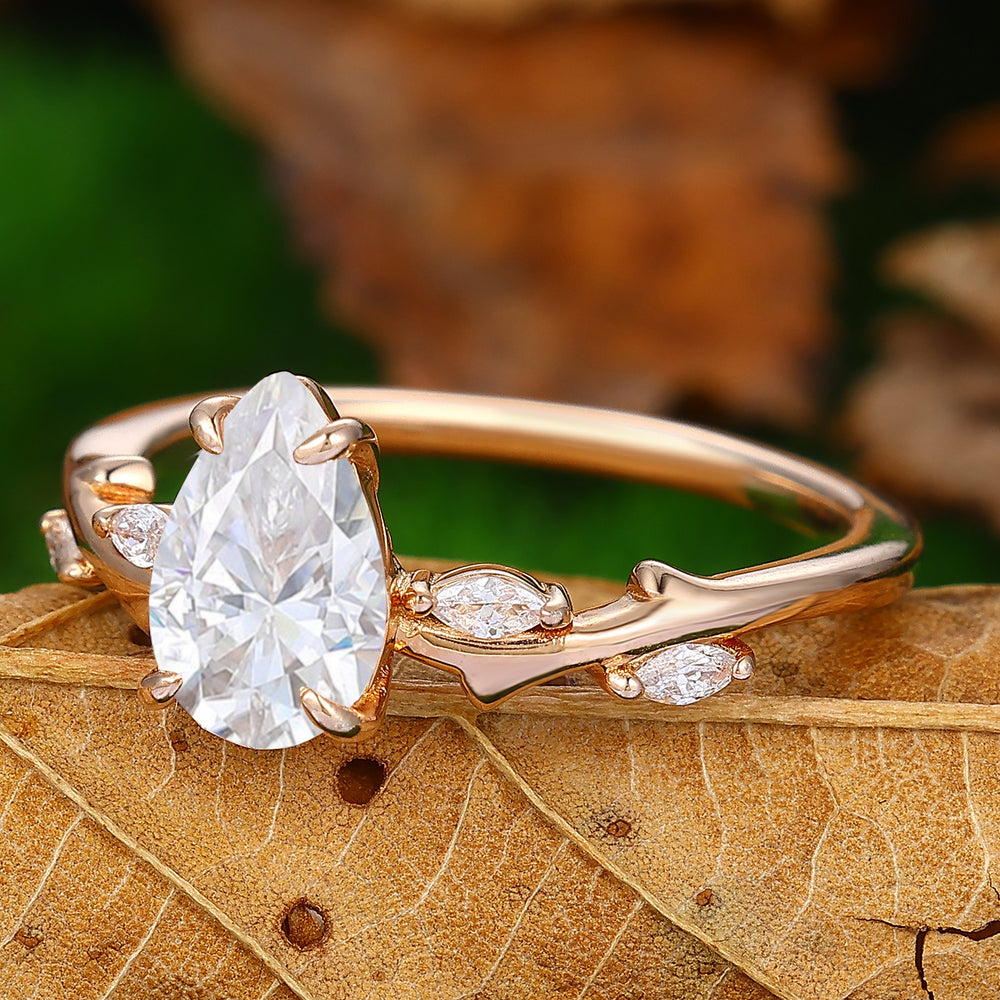 Twig Branch Pear Shaped 1.5Carat Leaf Vines Moissanite Unique Marquise Cluster Wedding Ring