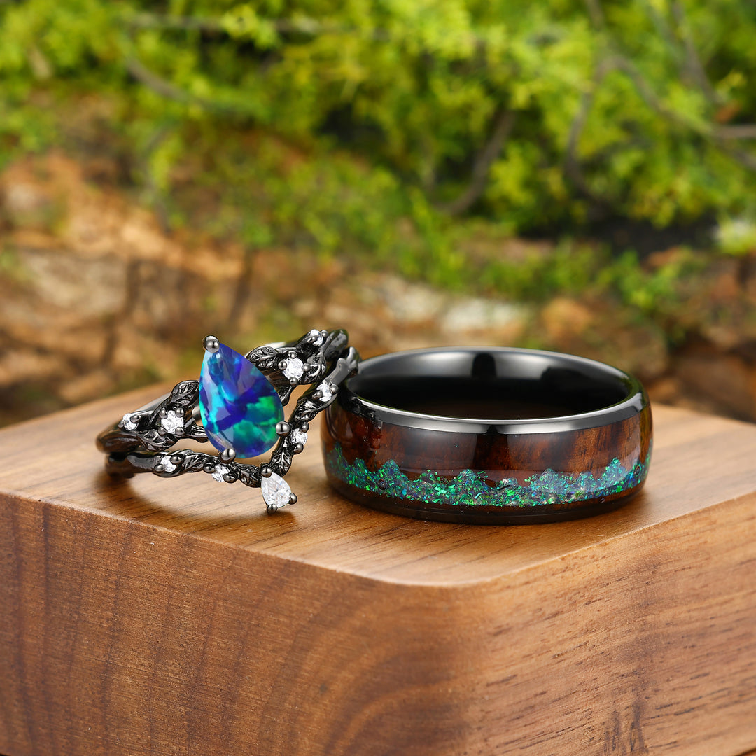 Personalized Peacock Green Opal Twig Engagement Couple Rings Set Matching His And Hers Tungsten Wedding Band -  Esdomera.com