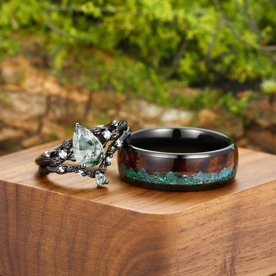 Dainty Moss Agate Branch Engagement Couple Rings Set Black Plated S925 And Tungsten Wedding Band -  Esdomera.com