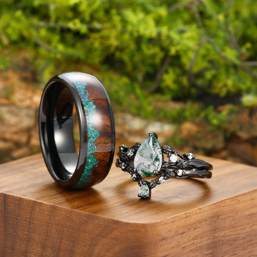 Dainty Moss Agate Branch Engagement Couple Rings Set Black Plated S925 And Tungsten Wedding Band -  Esdomera.com
