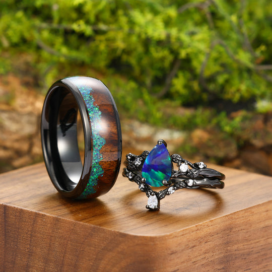Personalized Peacock Green Opal Twig Engagement Couple Rings Set Matching His And Hers Tungsten Wedding Band -  Esdomera.com