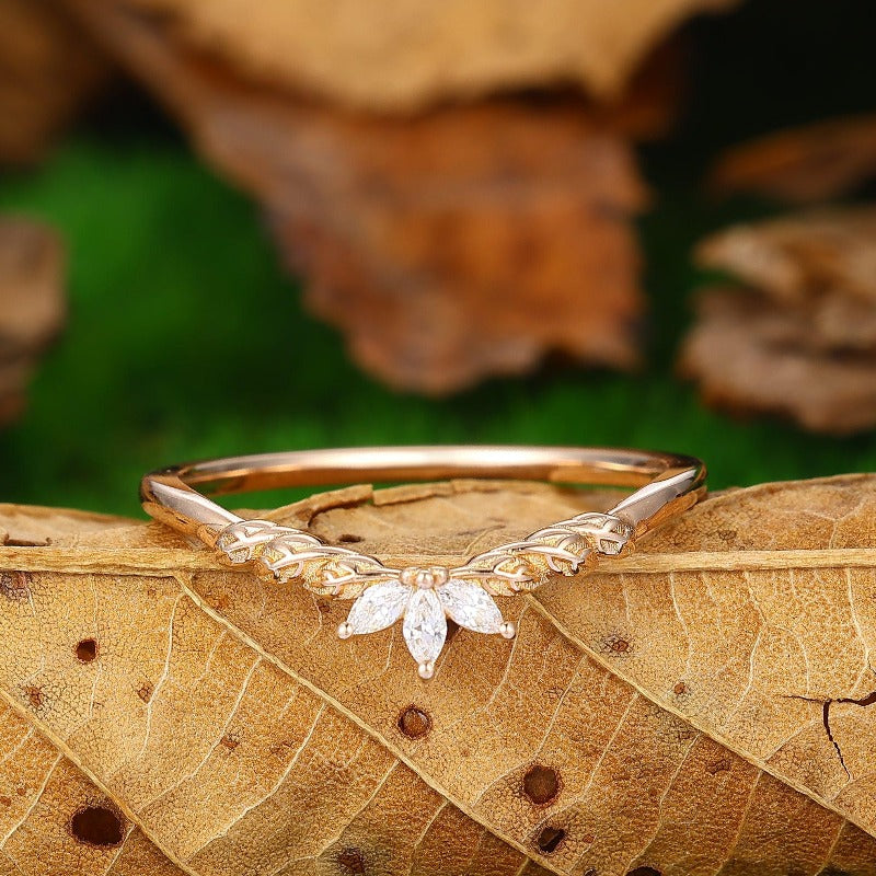 Wedding Leaf Moissanite Promise Bridal Ring Matching Band Ring - Esdomera