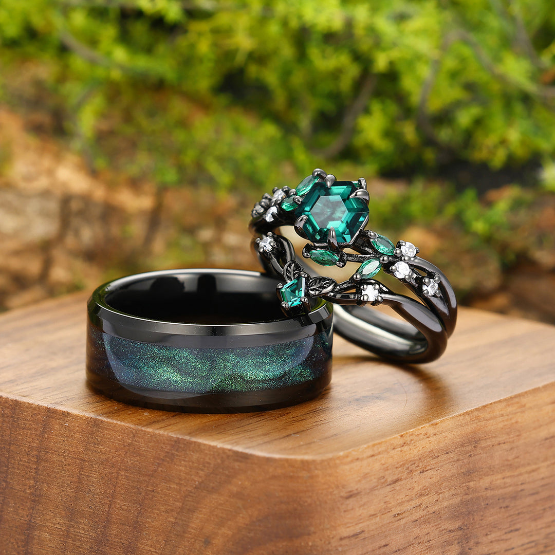 Natural Inspired Emerald Leaves Engagement Couple Rings Set