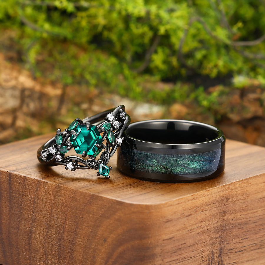 Natural Inspired Emerald Leaves Engagement Couple Rings Set Matching Green Anniversary Wedding Band.