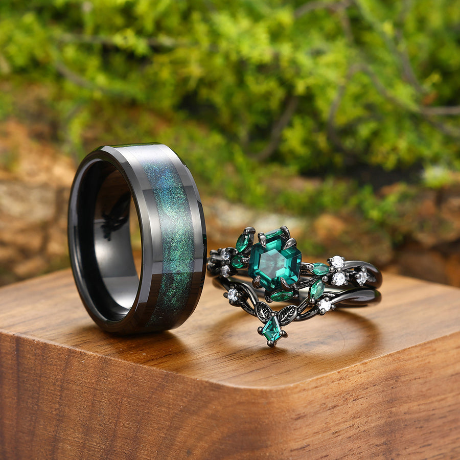 Natural Inspired Emerald Leaves Engagement Couple Rings Set Matching Green Anniversary Wedding Band.