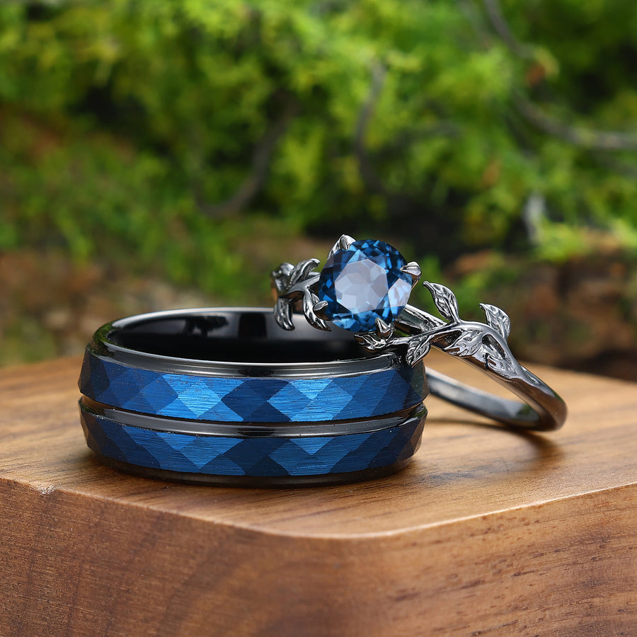 Anillo de pareja a juego para él y para ella con diseño de rama inspirado en la naturaleza y topacio azul Londres