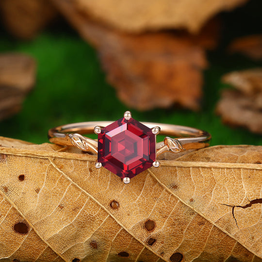 Minimalist twig 1.35 CT Hexagon Cut Natural Red Garnet 14k Gold Solitaire Ring