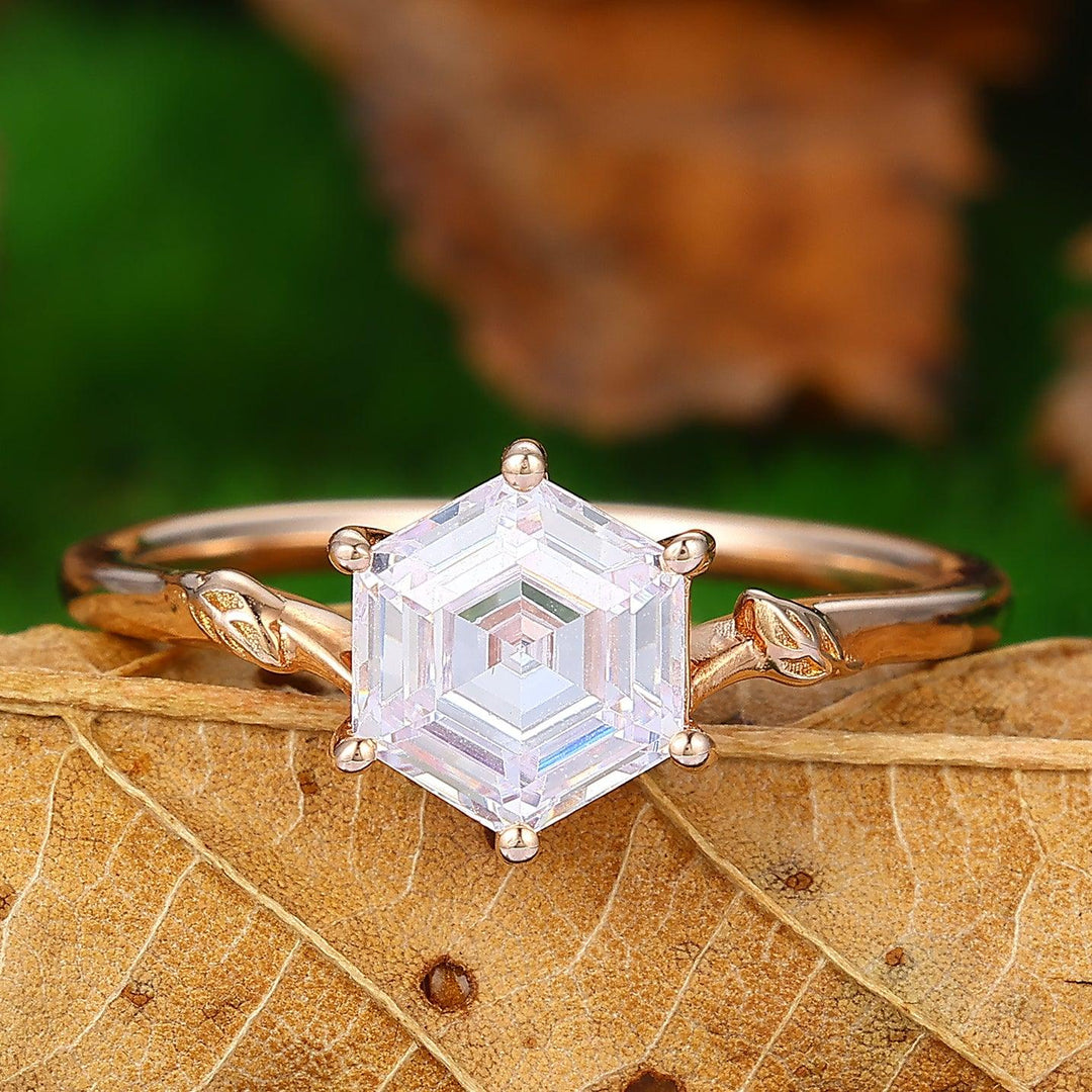 Solitaire Hexagon Cut Moissanite Rose Gold Nature Inspired