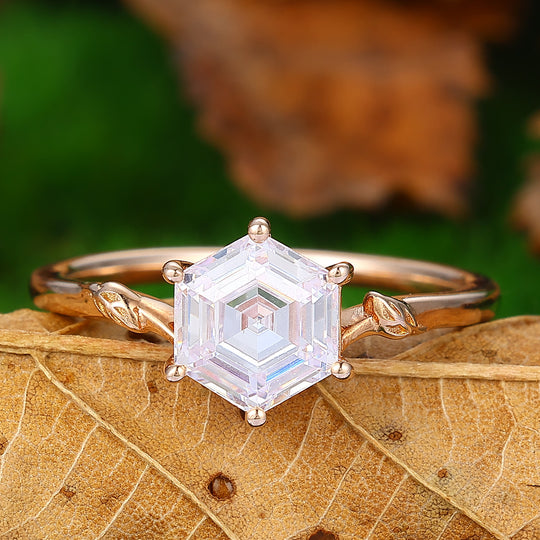 Solitaire Hexagon Cut  1.35CT Moissanite  Rose Gold  Nature Inspired Leaf Shaped  Engagement Ring