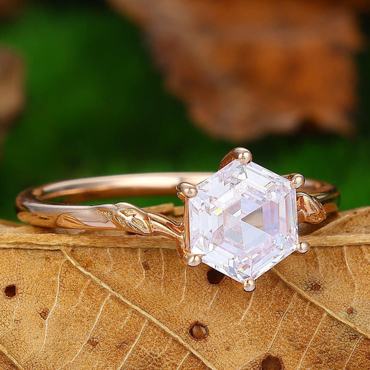 Solitaire Hexagon Cut  1.35CT Moissanite  Rose Gold  Nature Inspired Leaf Shaped  Engagement Ring