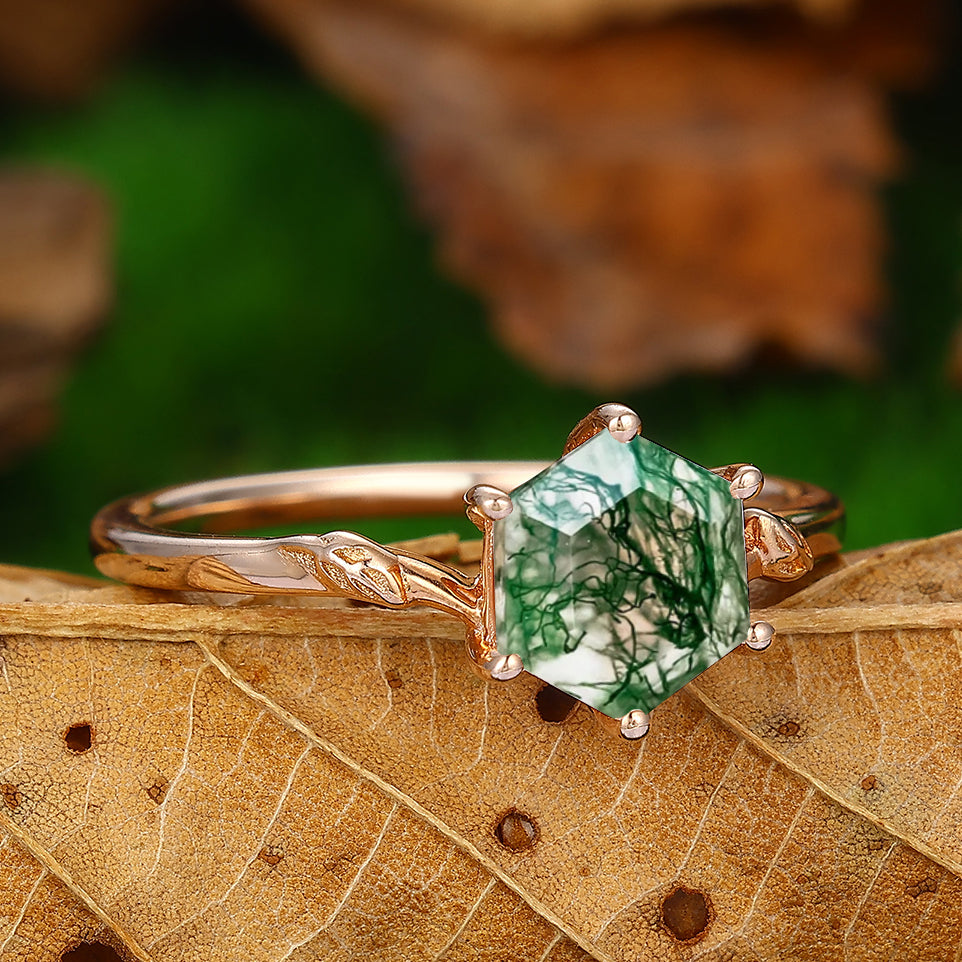 1.35CT hexagon Cut Natural Moss Agate leaf Curved Solitaire Ring