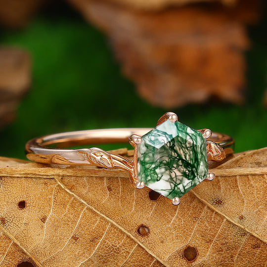 1.35CT hexagon Cut Natural Moss Agate leaf Curved Solitaire Ring