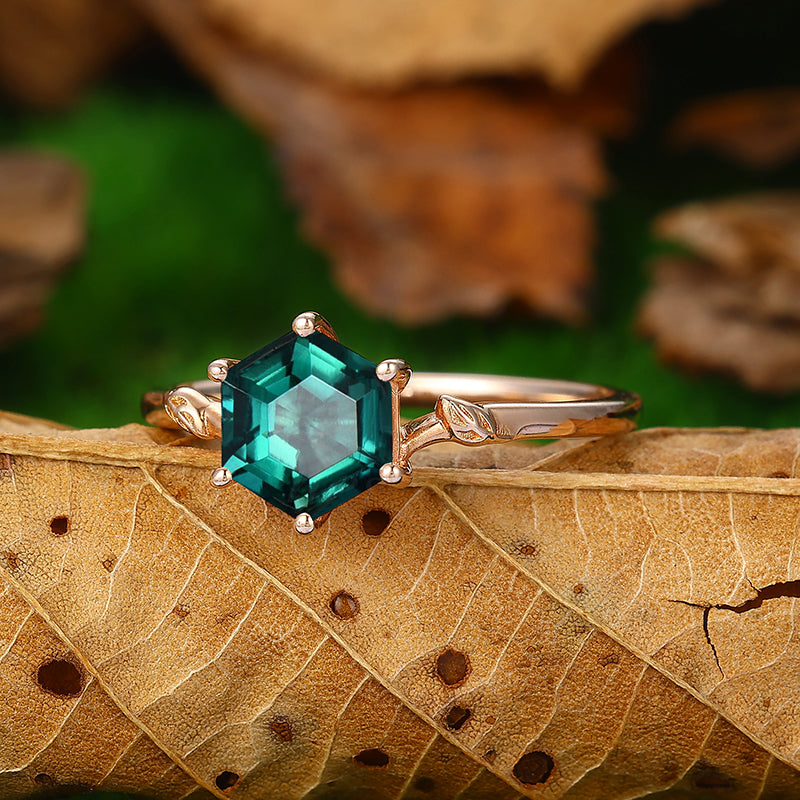 Unique 6x9mm Emerald Wedding Ring Nature Inspired Leaf Vine Promise Ring