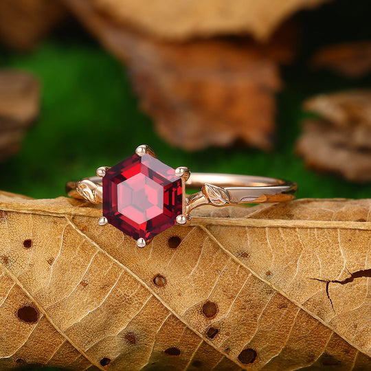 Minimalist twig 1.35 CT Hexagon Cut Natural Red Garnet 14k Gold Solitaire Ring