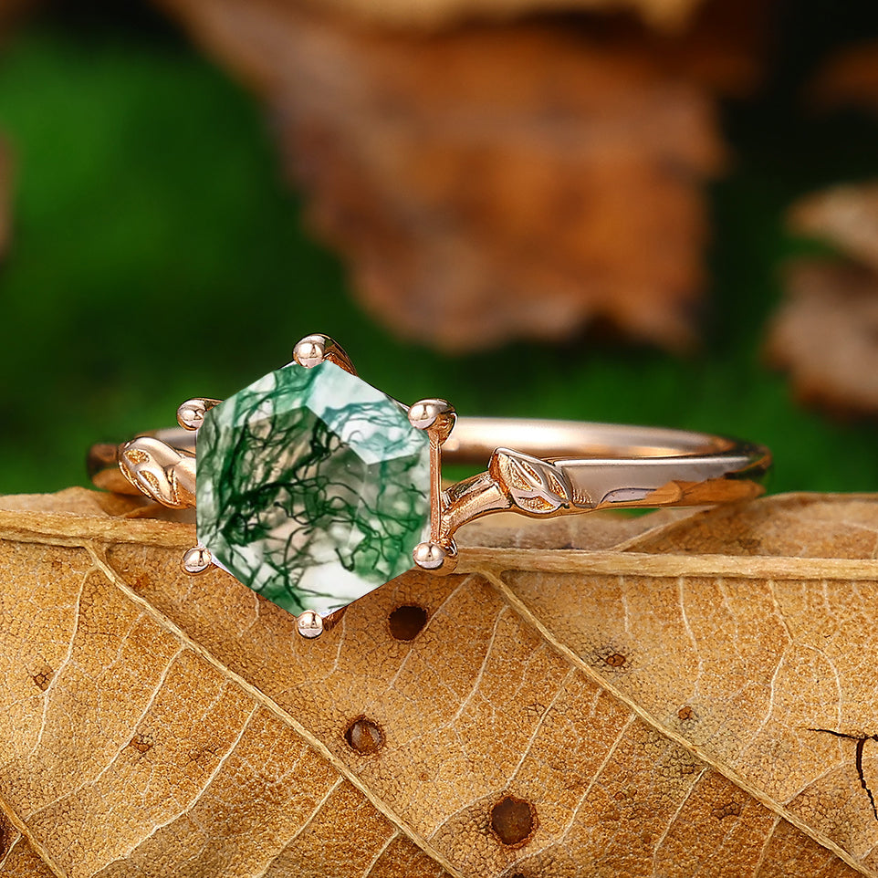 1.35CT hexagon Cut Natural Moss Agate leaf Curved Solitaire Ring