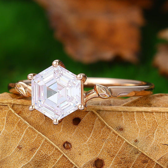 Solitaire Hexagon Cut  1.35CT Moissanite  Rose Gold  Nature Inspired Leaf Shaped  Engagement Ring