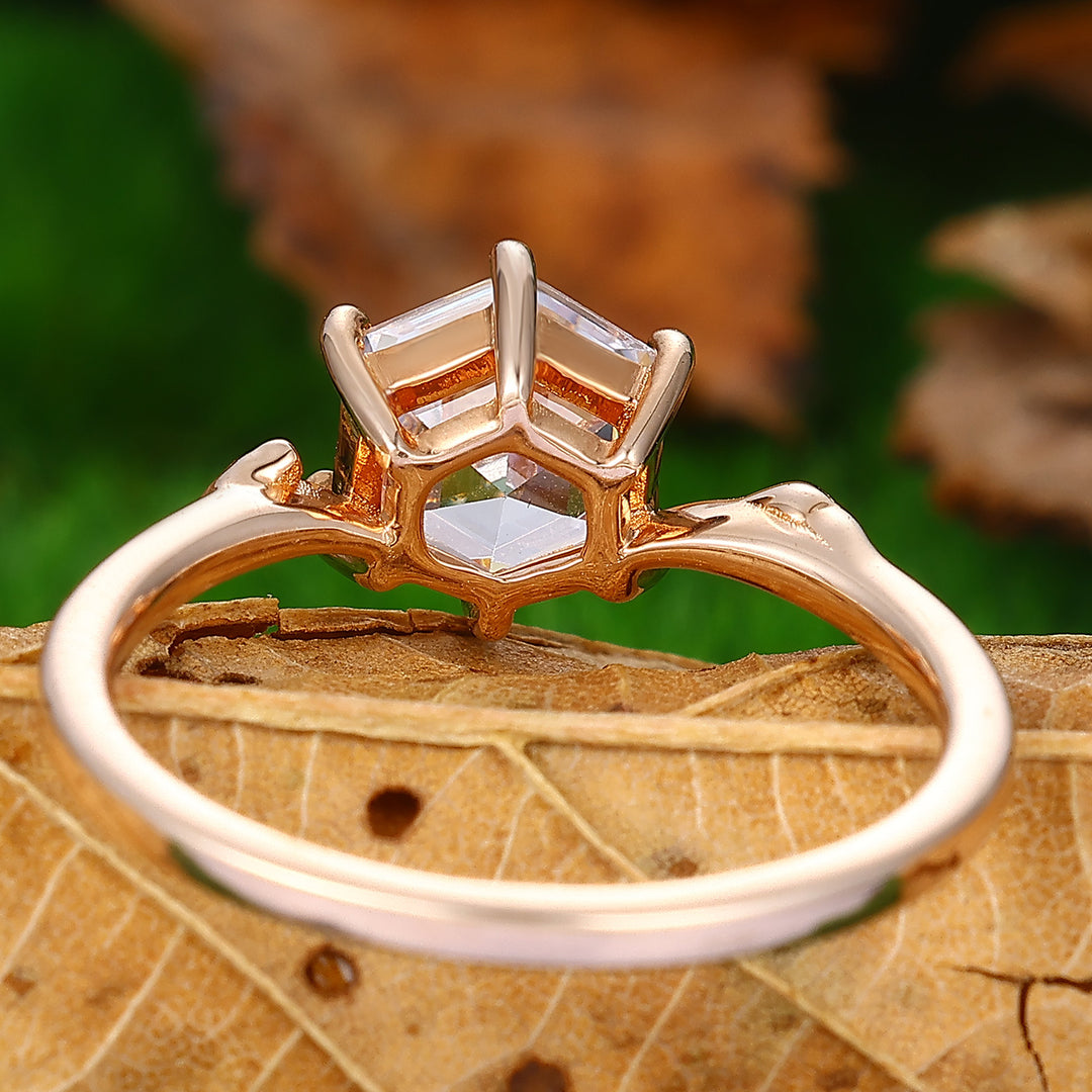 Solitaire Hexagon Cut  1.35CT Moissanite  Rose Gold  Nature Inspired Leaf Shaped  Engagement Ring