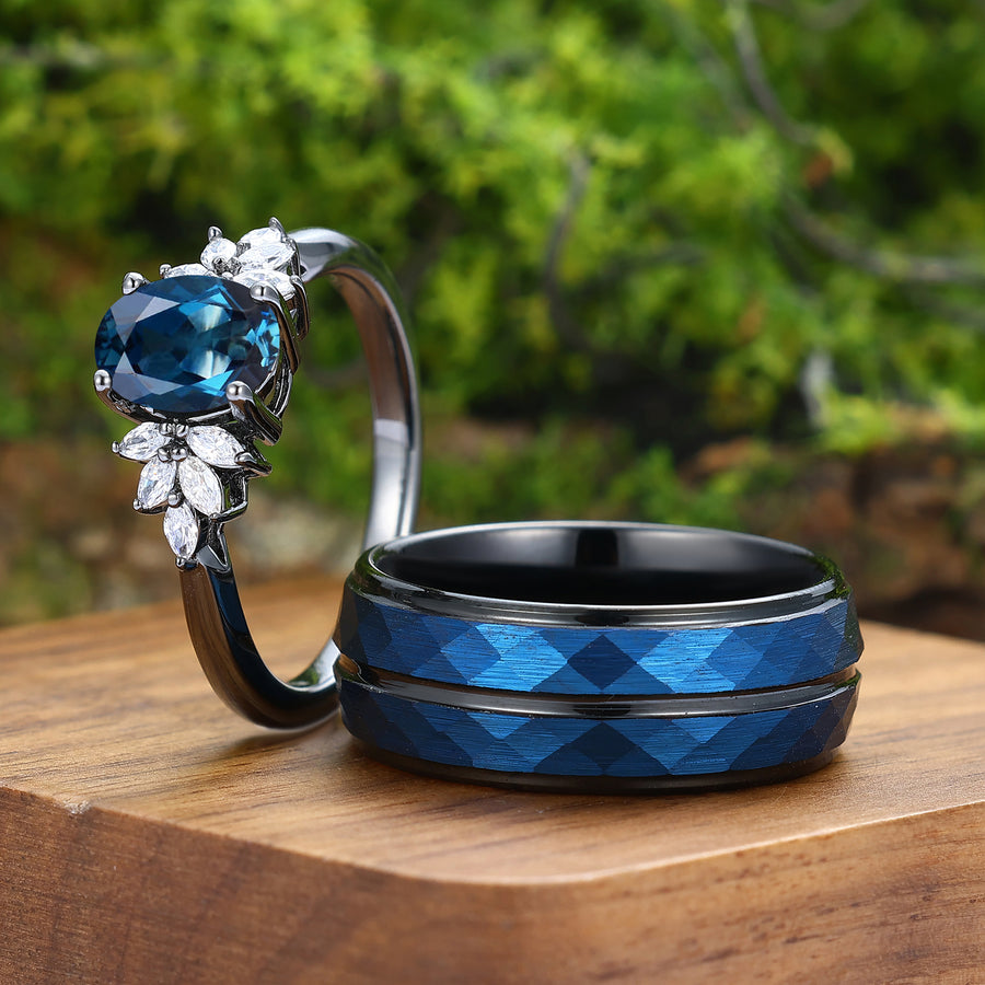 London Blue Topaz Floral Cluster Couple Ring Set Blue And Black Matching Ring For Him For Her