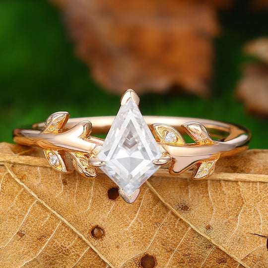 Vintage Kite Cut Moissanite Engagement Ring 14k Rose Gold Twig Leaf Ring Unique Bridal Wedding Ring