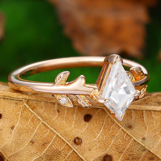 Vintage Kite Cut Moissanite Engagement Ring 14k Rose Gold Twig Leaf Ring Unique Bridal Wedding Ring