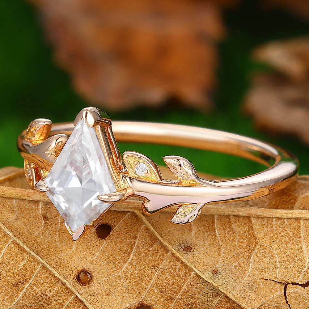 Vintage Kite Cut Moissanite Engagement Ring 14k Rose Gold Twig Leaf Ring Unique Bridal Wedding Ring