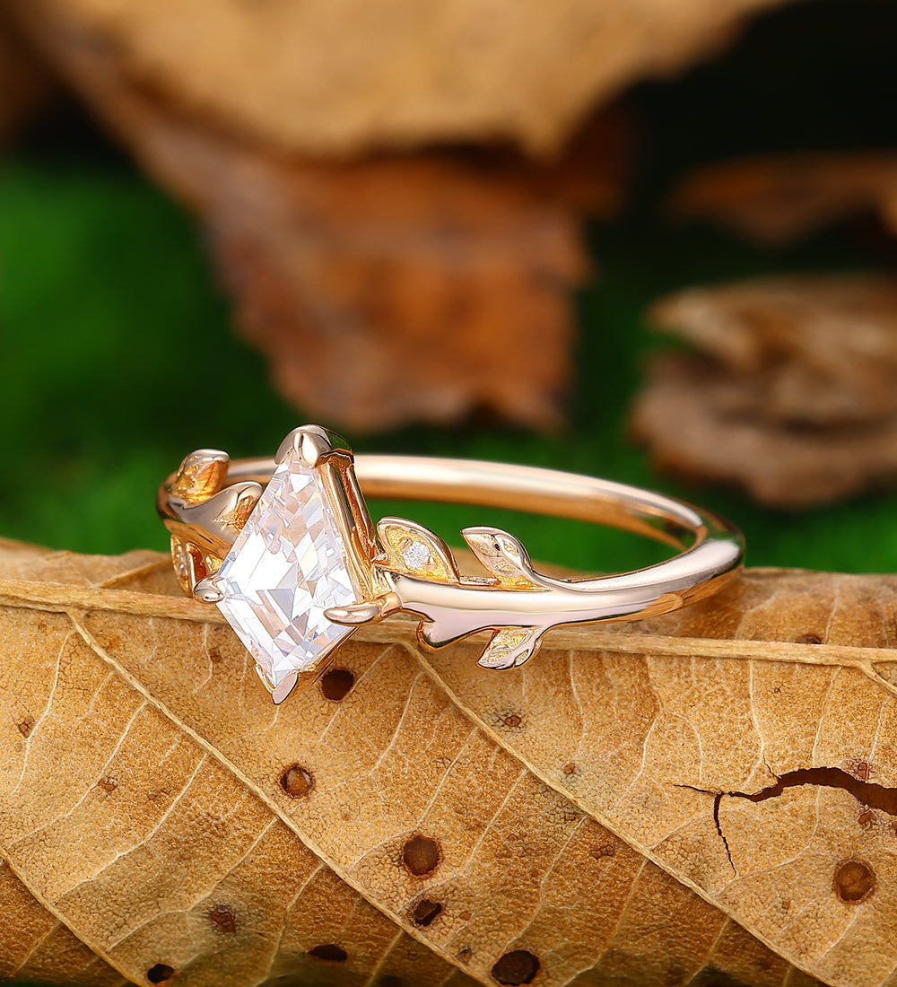 Vintage Kite Cut Moissanite Engagement Ring 14k Rose Gold Twig Leaf Ring Unique Bridal Wedding Ring