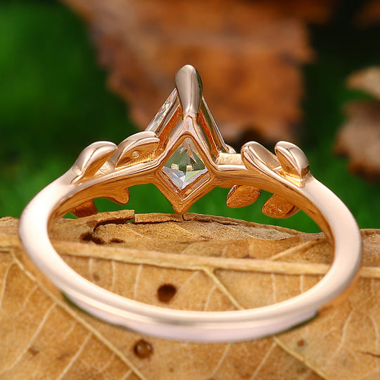 Vintage Kite Cut Moissanite Engagement Ring 14k Rose Gold Twig Leaf Ring Unique Bridal Wedding Ring