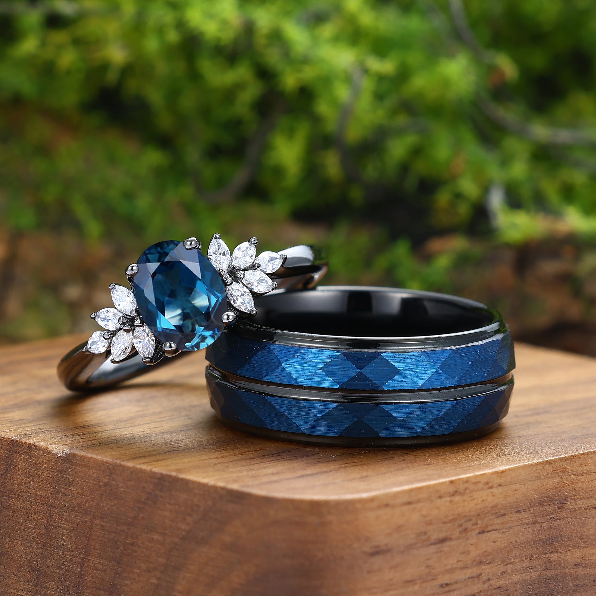 London Blue Topaz Floral Cluster Couple Ring Set Blue And Black