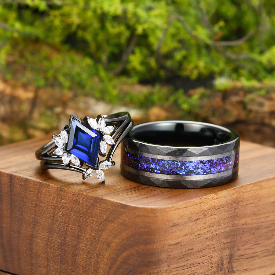 Artsy Sapphire Milgrain Ring Set For Couples Promise Blue Tungsten His and Hers Wedding Bands -  Esdomera.com