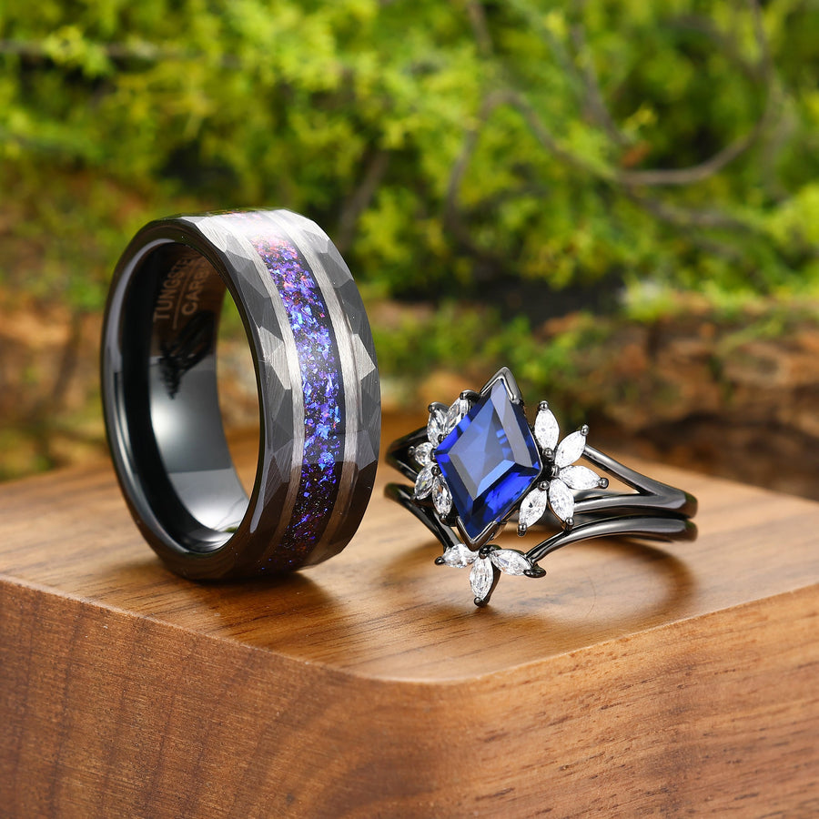 Artsy Sapphire Milgrain Ring Set For Couples Promise Blue Tungsten His and Hers Wedding Bands -  Esdomera.com