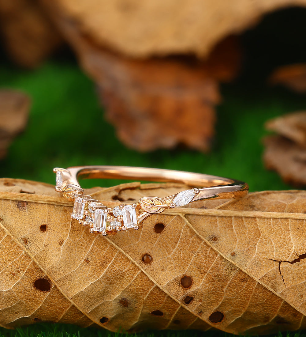 baguette wedding band unique leaf shaped moissanite ring antique leaf stacking matching ring women