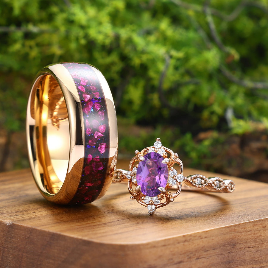 Retro Oval Amethyst Engagement Cluster Wedding Ring Set Tungsten Promise Couples Ring -  Esdomera.com