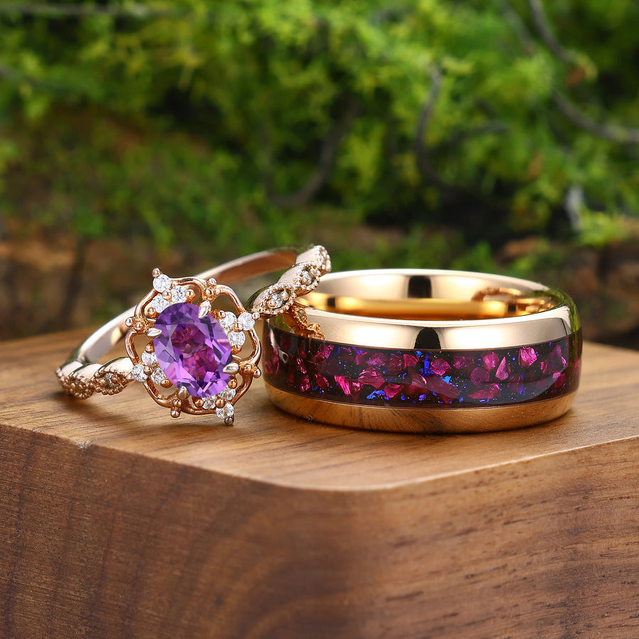 Retro Oval Amethyst Engagement Cluster Wedding Ring Set Tungsten Promise Couples Ring -  Esdomera.com