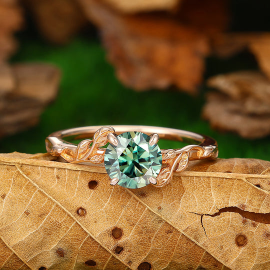 Nature Inspired Leaf Curved Round Cut 14k Gold Blue Moissanite Engagement Ring