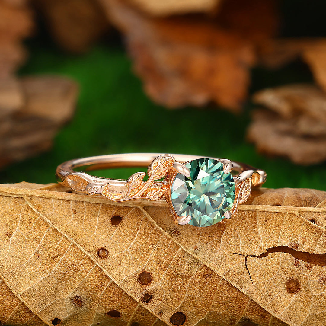 Nature Inspired Leaf Curved Round Cut 14k Gold Blue Moissanite Engagement Ring