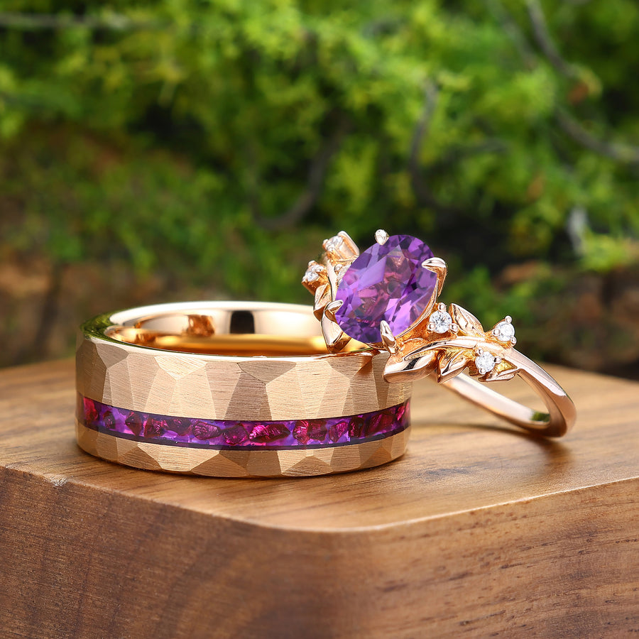 Dainty Twig Leaf Design Natural Purple Amethyst Couples Ring Set Rings For Him And Her