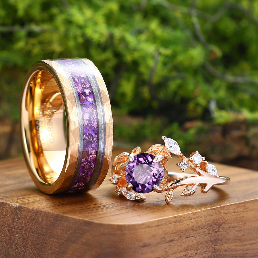 Conjunto de anillos para parejas con rama floral artística de amatista natural Anillo de amatista púrpura para él y para ella