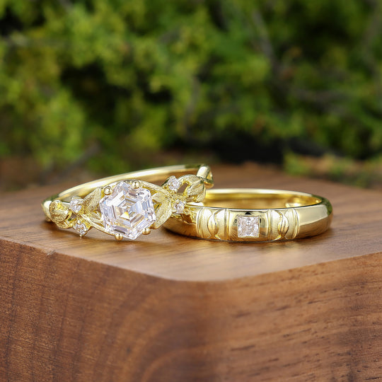 2pcs Moissanite Floral Leaf Style Wedding Ring Stylish Hexagon Moissanite His And Hers Ring Set -  Esdomera.com