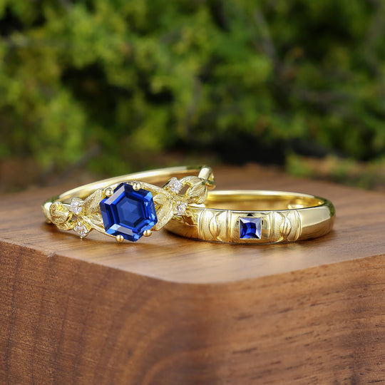 Leaf-inspired Sapphire Couple Rings 2pcs 14K Solid Gold Wedding Band For Men And Women -  Esdomera.com