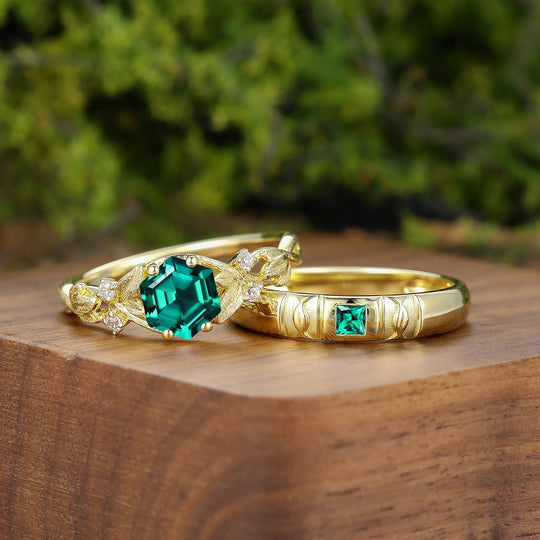 Emerald Leaf Design Marriage Ring Set 14K Solid Gold Pair of Rings for Couples -  Esdomera.com