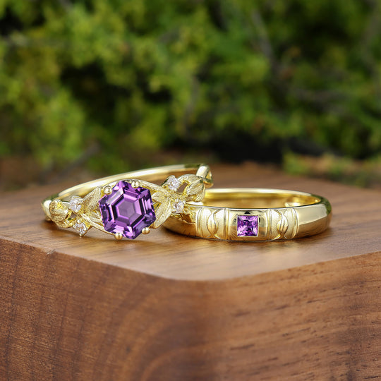 Natural Inspired Amethyst 2pcs His And Hers Wedding Ring Set Amethyst Solid Gold Couple Rings -  Esdomera.com