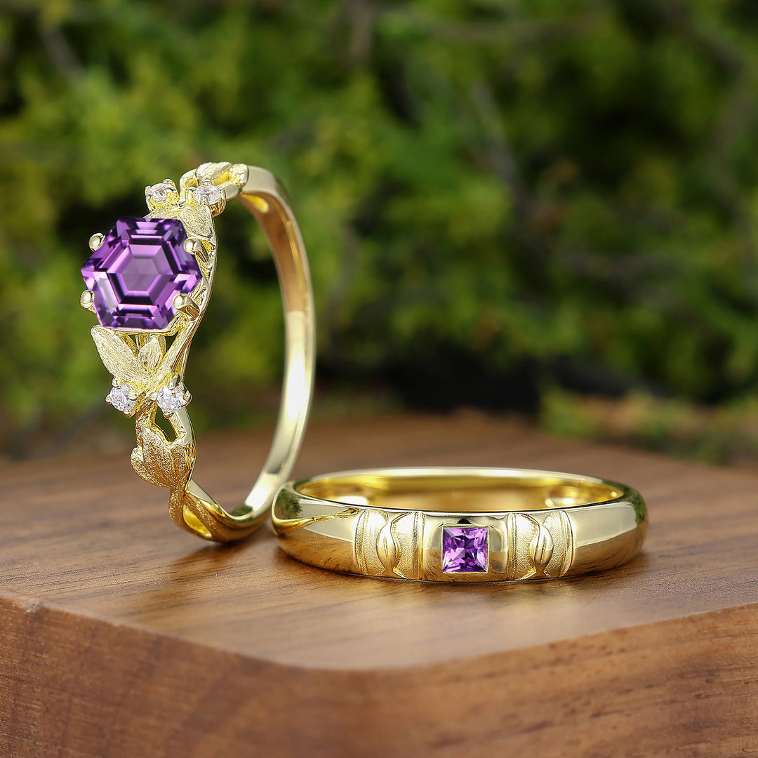 Natural Inspired Amethyst 2pcs His And Hers Wedding Ring Set Amethyst Solid Gold Couple Rings -  Esdomera.com
