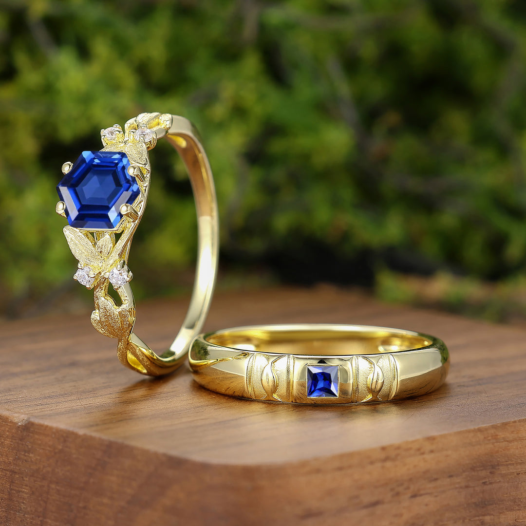 Leaf-inspired Sapphire Couple Rings 2pcs 14K Solid Gold Wedding Band For Men And Women -  Esdomera.com
