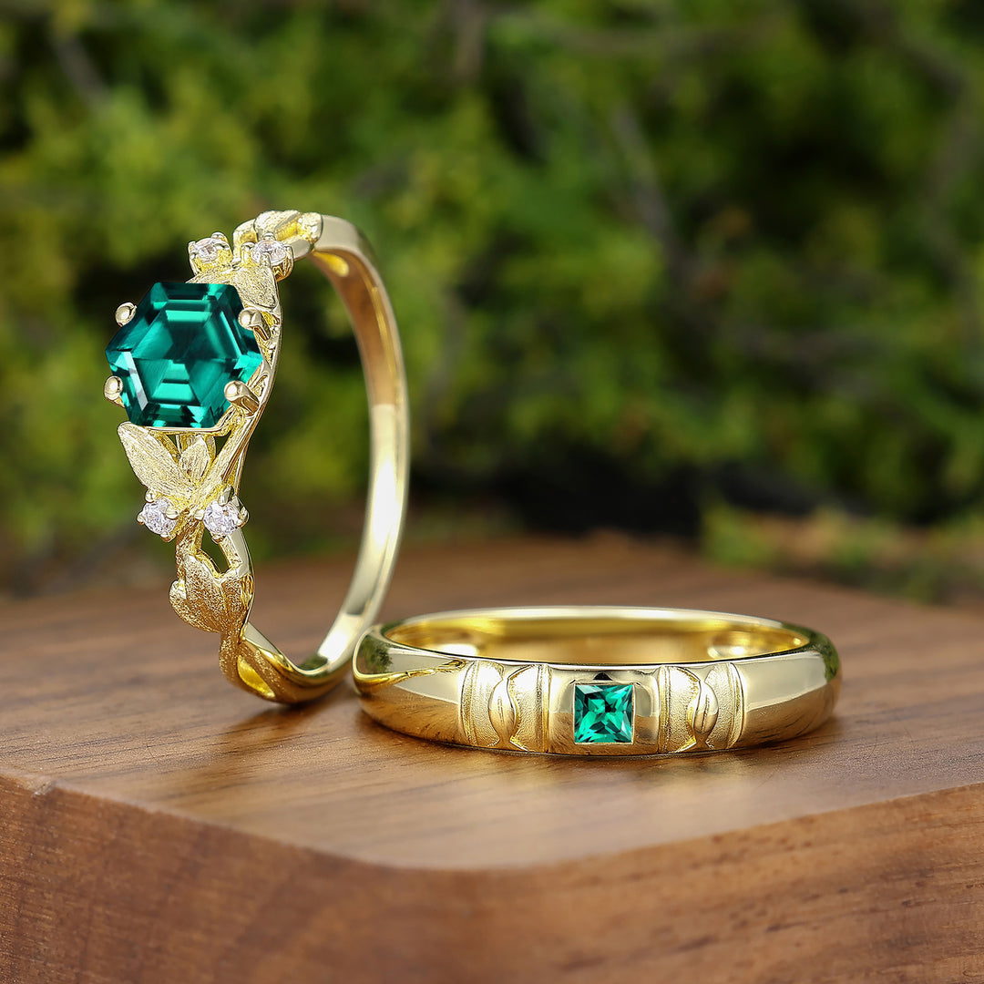 Emerald Leaf Design Marriage Ring Set 14K Solid Gold Pair of Rings for Couples -  Esdomera.com