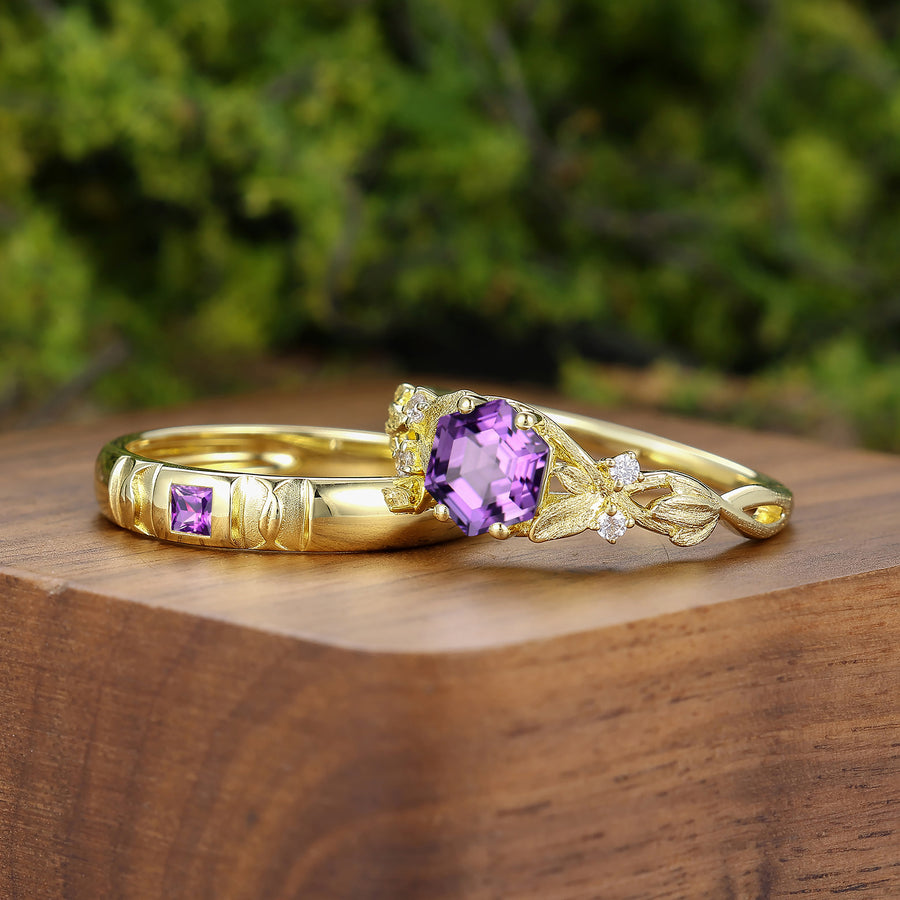 Natural Inspired Amethyst 2pcs His And Hers Wedding Ring Set Amethyst Solid Gold Couple Rings